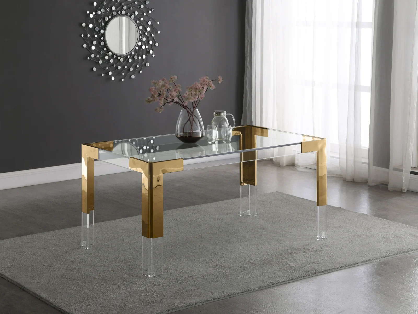 Luxury Stainless Steel Resin Acrylic Dining Table Tempered Glass Top Wedding Table in Gold for Home Hotel Furniture