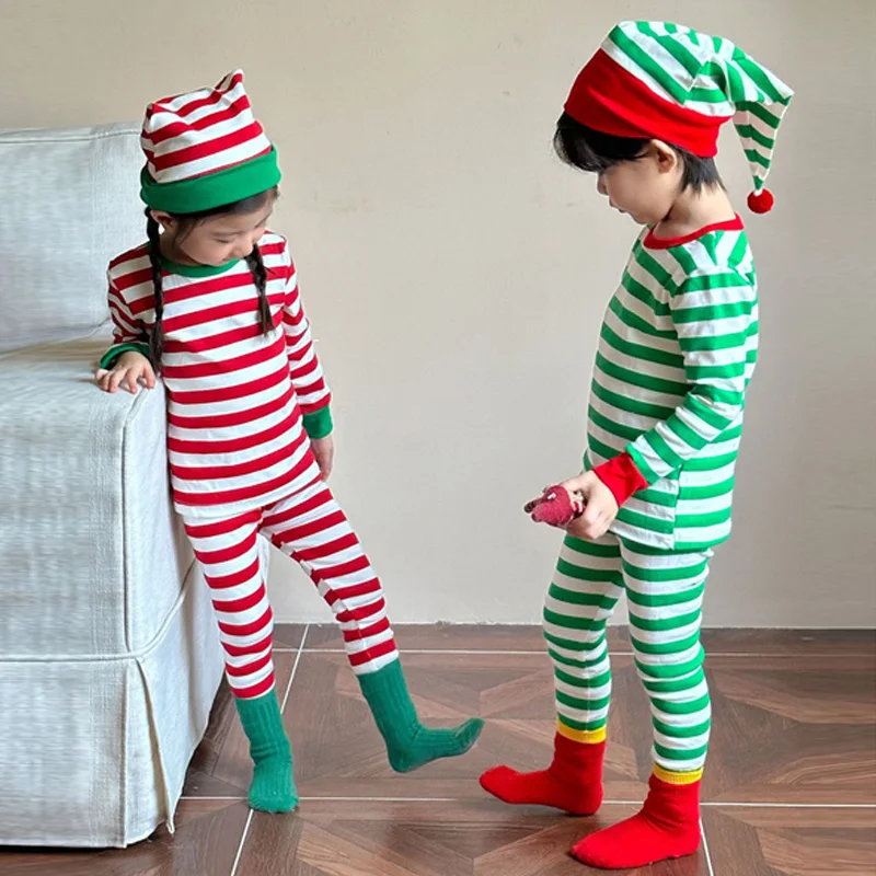 

Рождественский детский комплект для мальчиков и девочек, осенний полосатый топ + брюки, новая детская повседневная одежда, осенний костюм для детей 2, 5, 8, 10 лет