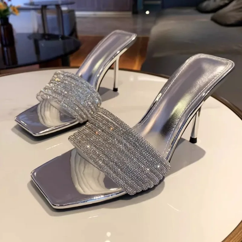 

Elegant Shiny Crystal Decorated High Heeled Slippers for Women Fashion Square Toe Stiletto Sandals Luxury Designer Slide Sandals