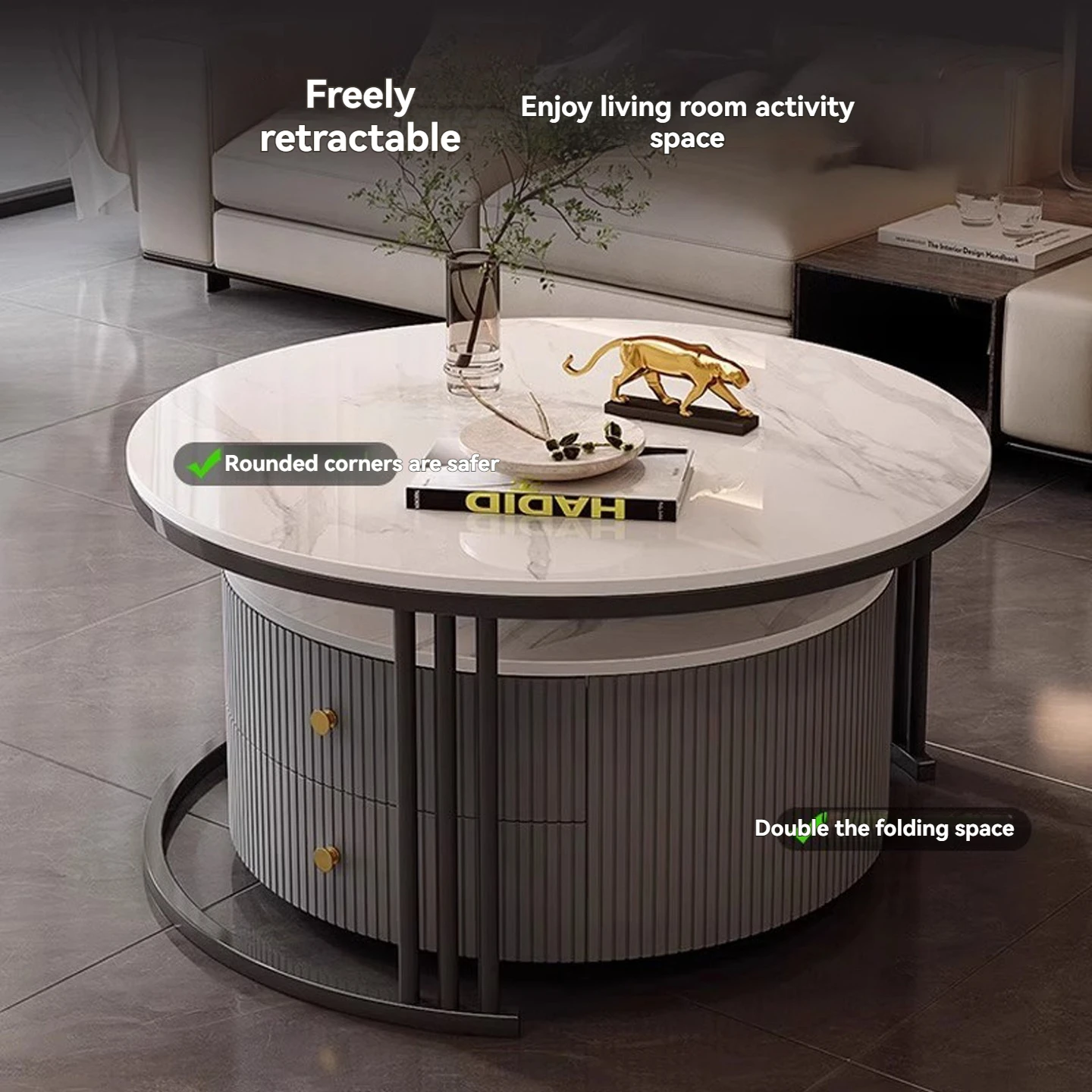 For Modern Round Nesting Coffee Table Fluted with Drawer for Home Living Room 31.5'' Extendable Coffee Table with Storage&Wheels