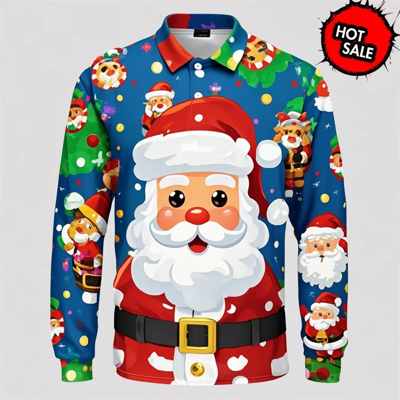 3D Print Cute Santa Claus Polo Shirts Merry Christmas Ugly Long Sleeved Polo Shirts For Men Women Clothing Casual Tee Shirt