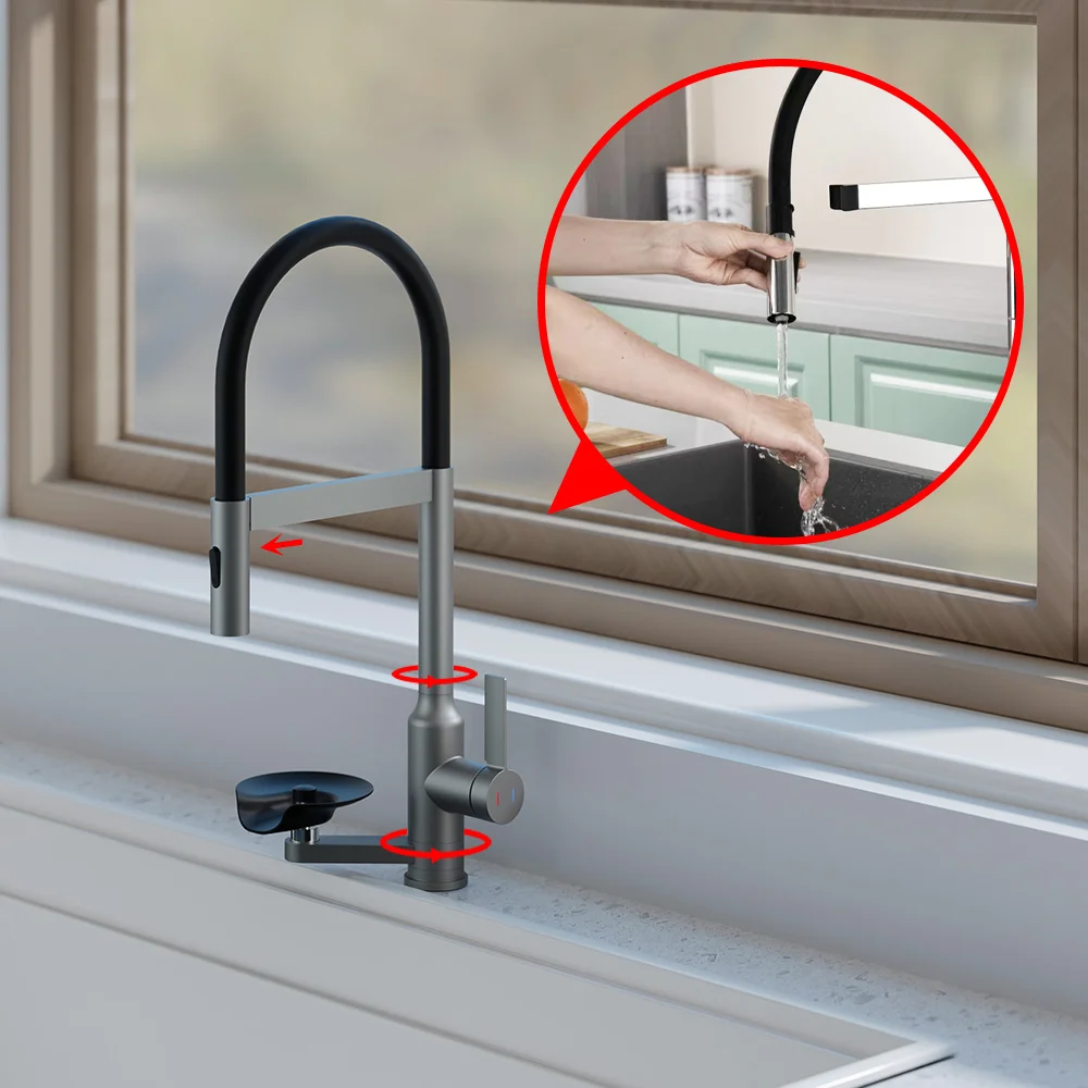 

New 2 in 1 Kitchen Faucets with Cup Washer Hot Cold Water Faucet Kitchen Mixer Taps Single Handle Deck Mount Kitchen Sink Faucet