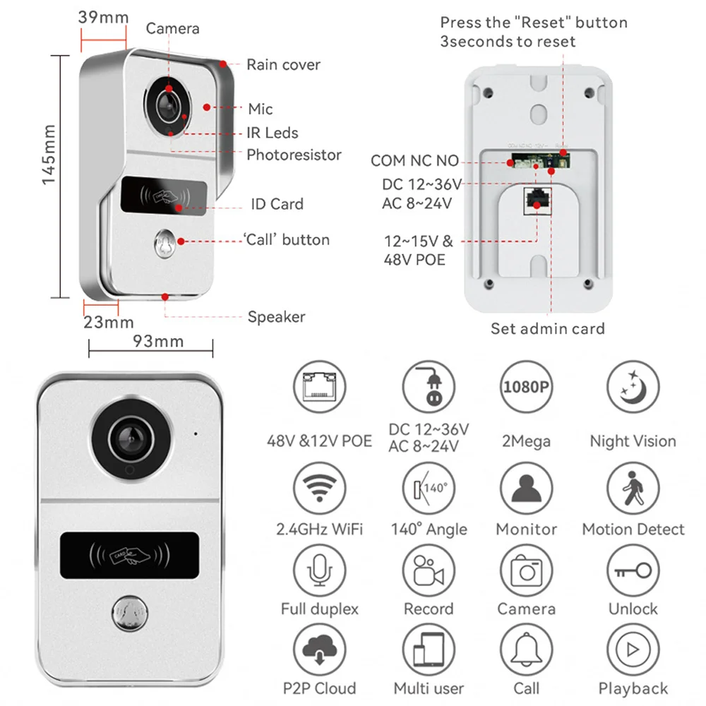 Jianshu Tuya Wifi Video Doorbell Intercom PoE 1080P Camera Ip Security Camera PIR Motion Detection Wifi Outdoor Door Bell Camera