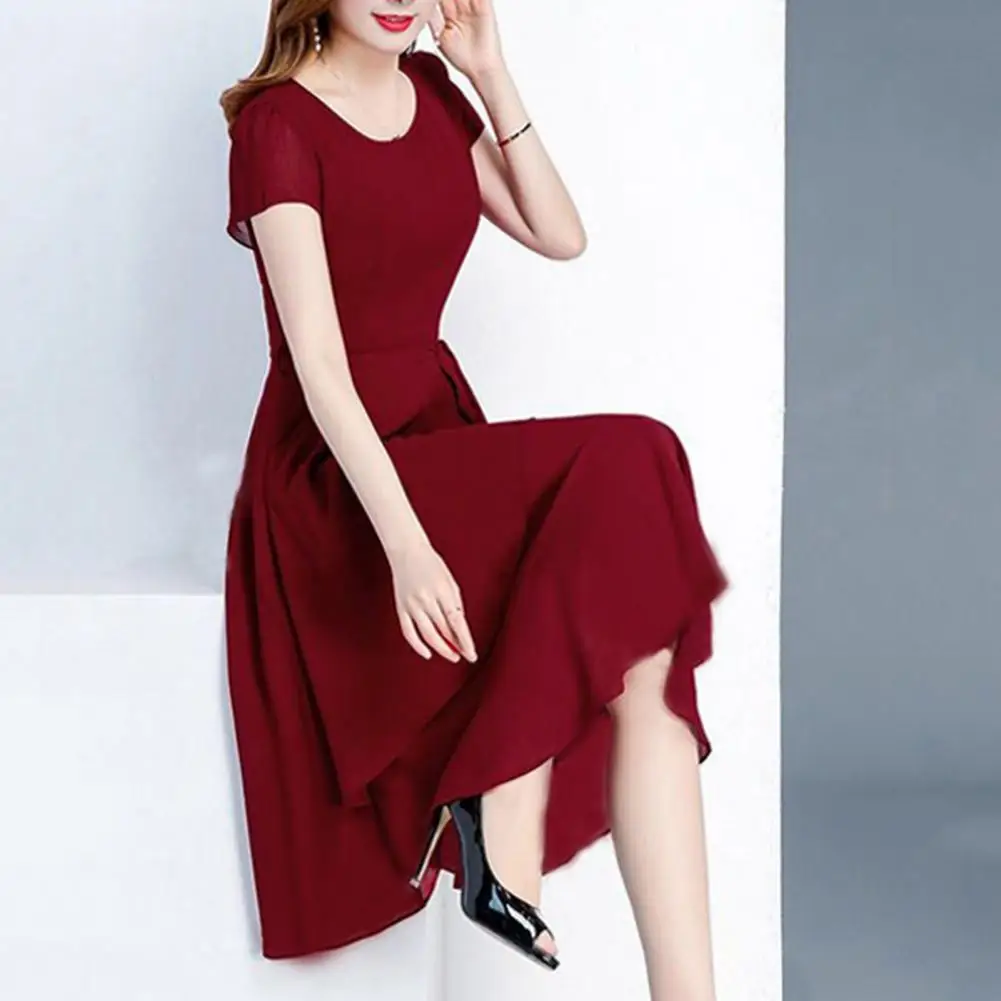 

Women Midi Dress Elegant O-Neck Short Sleeve Summer Dress Solid Color Layered Hem Lace Up A-line Dress Streetwear For Dialy