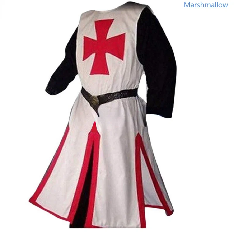 Plus Size Men Medieval Cosplay Robes Templar Knight Crusader Surcoat Long Sleeve Short Tops Reenactment Costume