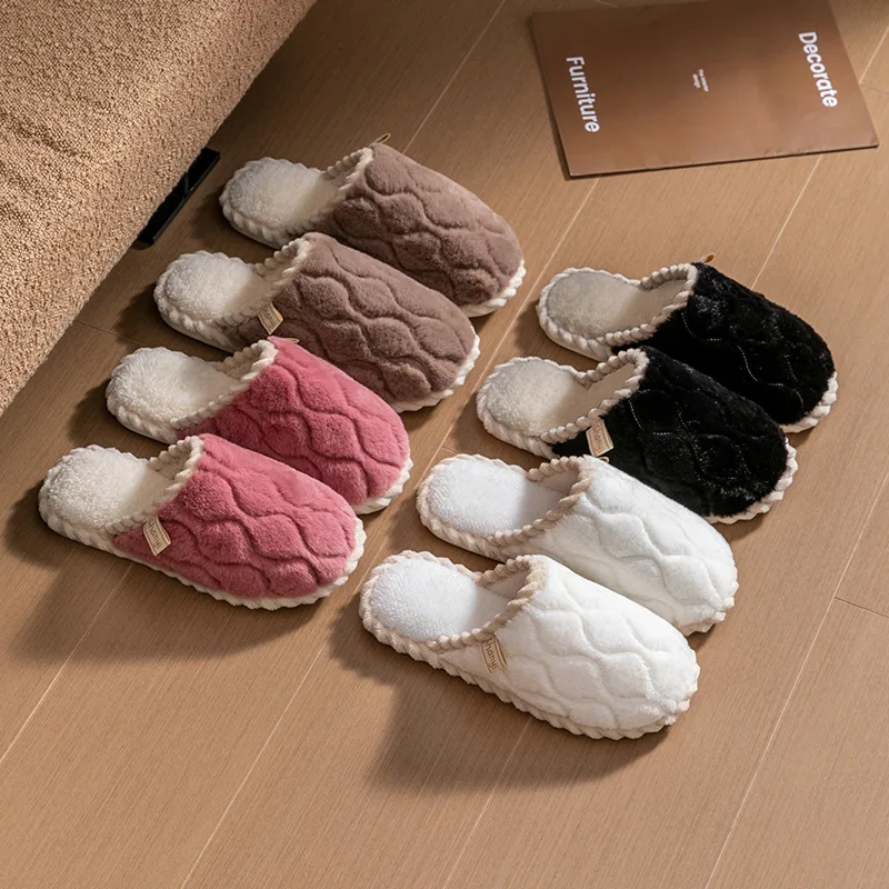 New Women Cotton Slippers House Couples Fluffy Slides Autumn Winter Solid Warm Plush Slippers Bedroom Ladies Cotton Shoes TG28