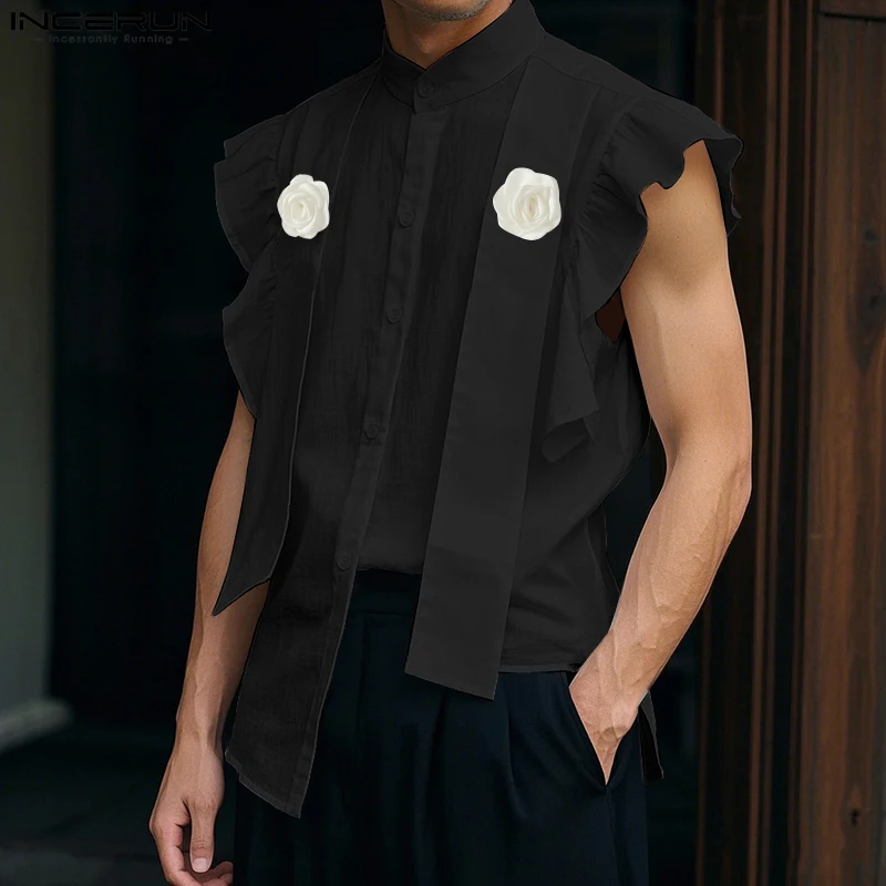 

Men Shirt Summer Flower Patchwork Stand Collar Sleeveless Male Shirts Streetwear Ruffle Fashion Casual Men Clothing Tops INCERUN