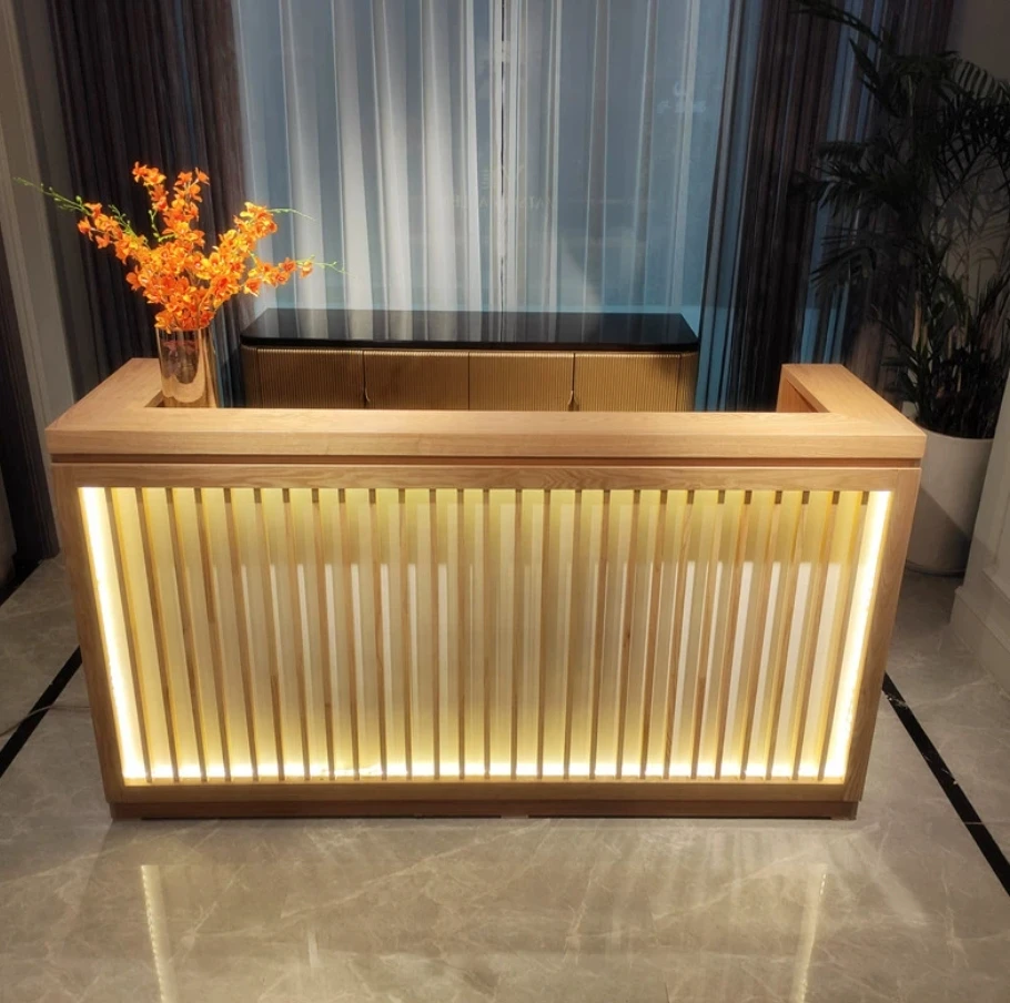 I Shape Club Cashier Beauty Salon Office Restaurant Bar Front Counter Solid Wood Reception Desk With Led Light