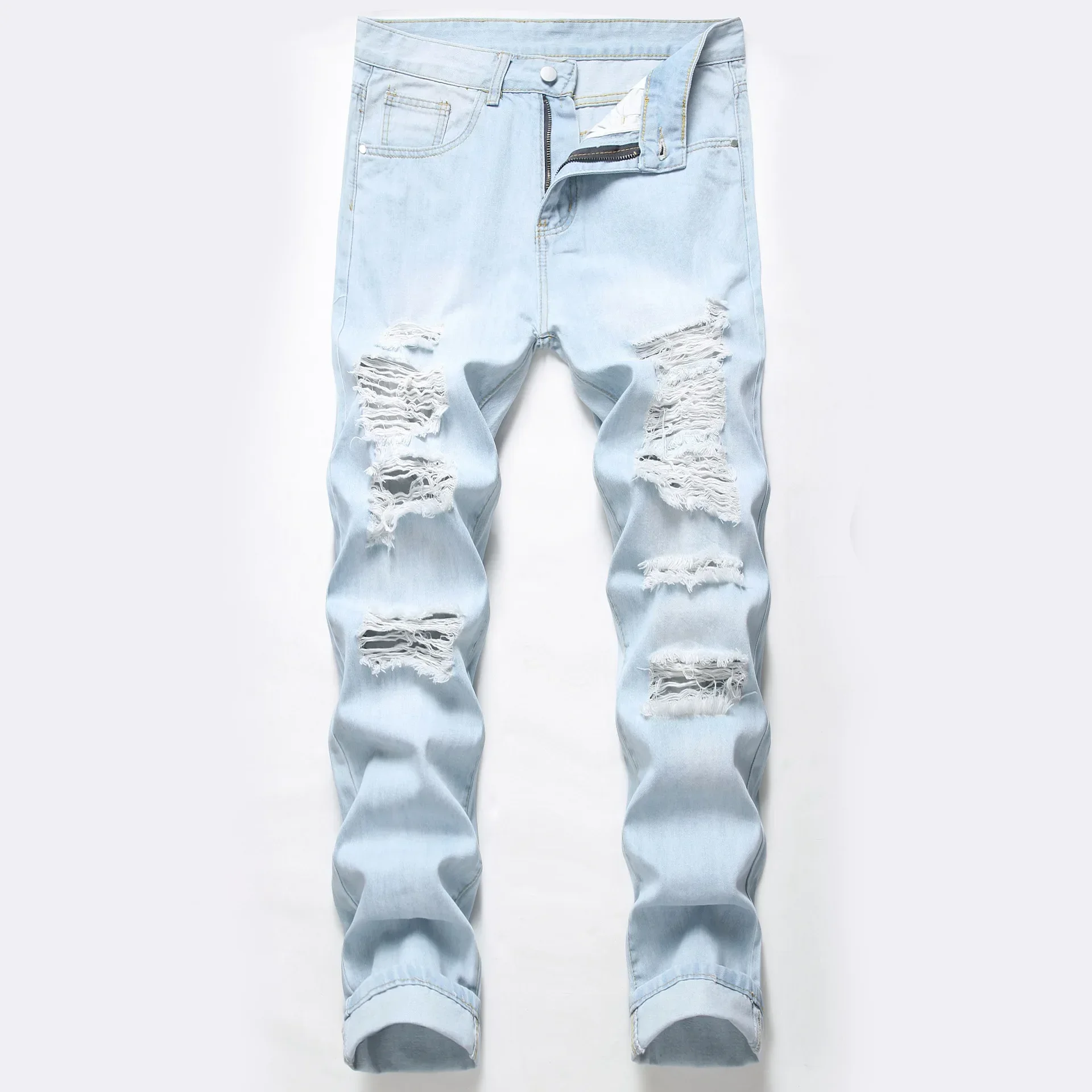 

Men Denim Pants Jeans Long Pant Knee Hole Straight Trousers Splice Simple Pockets Casual Solid Regular Autumn Winter High Waist