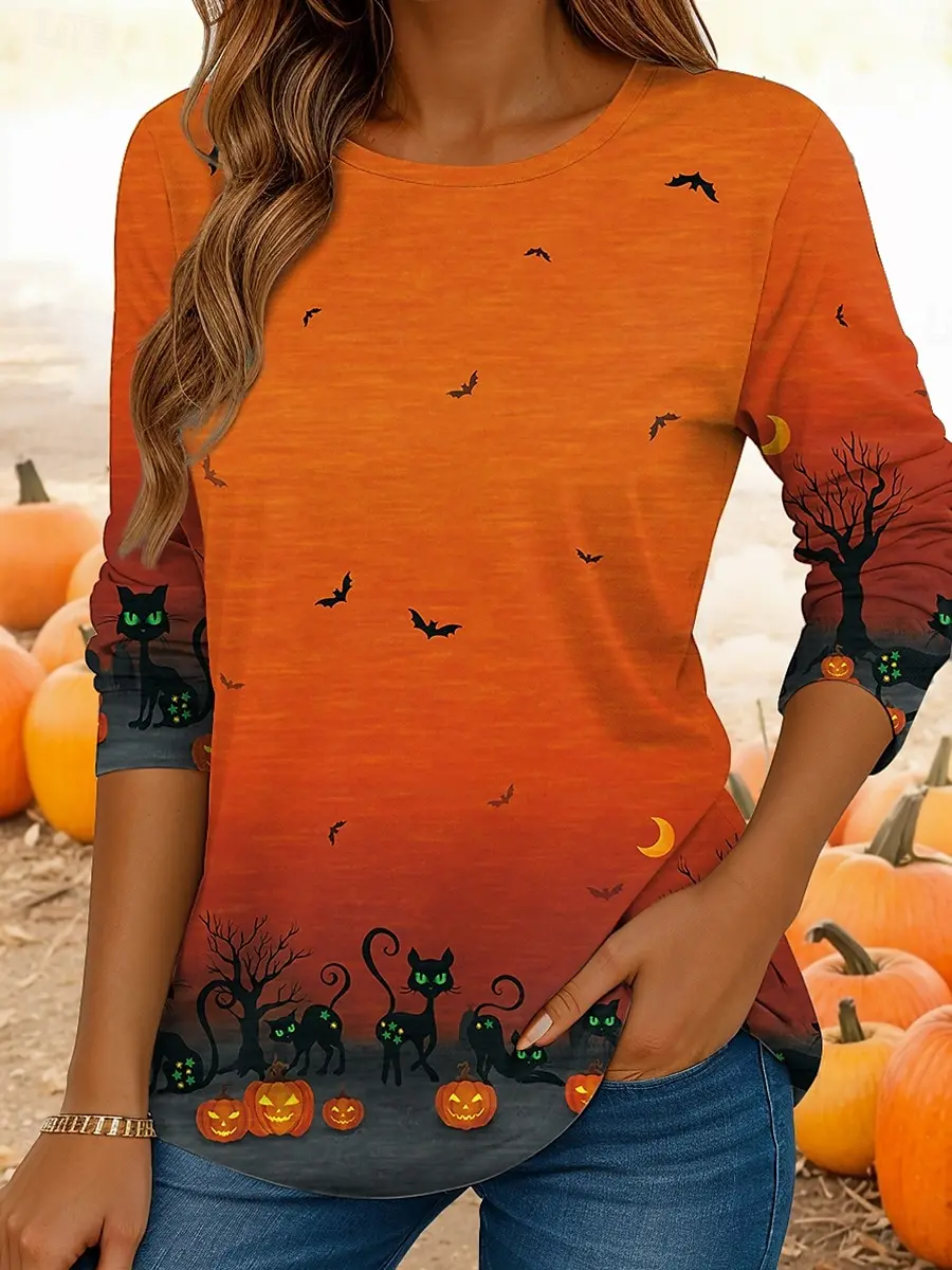 

2025 Women Casual Long Sleeve Tops Graphic Halloween Pumpkin Tee Shirts Blouse Crewneck Fall Winter Streetwear Style Pullover
