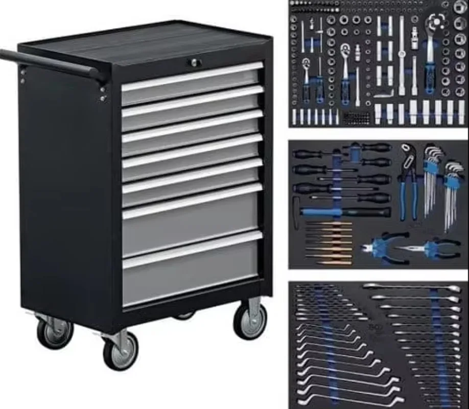 Steel 7 Drawers Tool Cabinet Workshop Tool Trolley and Box With Hand Tools Sets