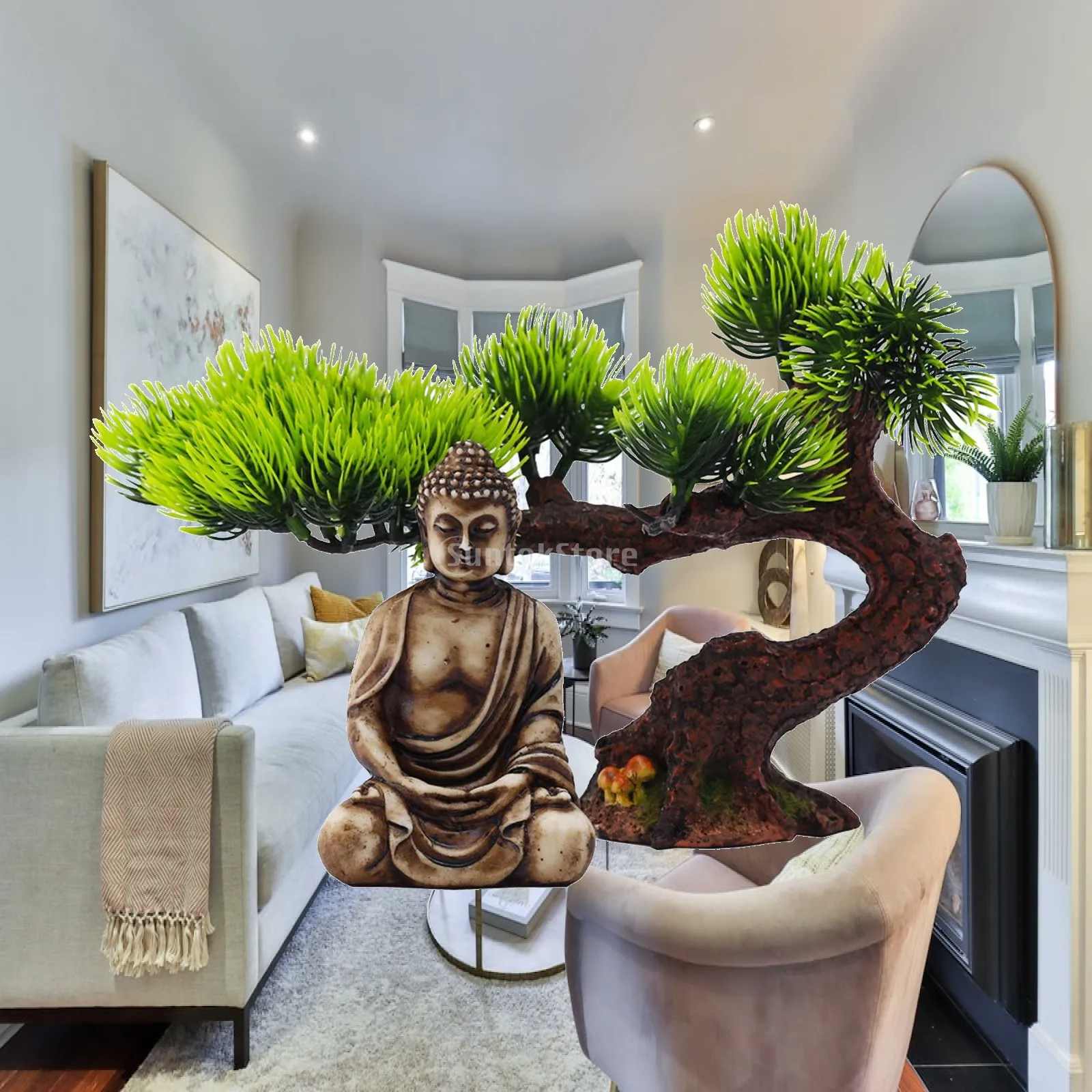 Simulation Bonsai Green Plant Buddha Figurine for Home Bathroom Farmhouse