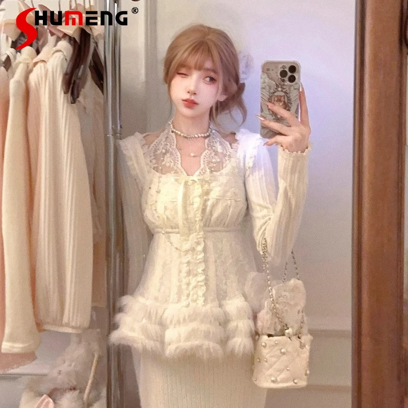 

Winter New Lace Antique Strap Doll Top Slim Fit Knitted Single-Breasted Strap Top Camisoles Japanese Lolita High-waisted Slings