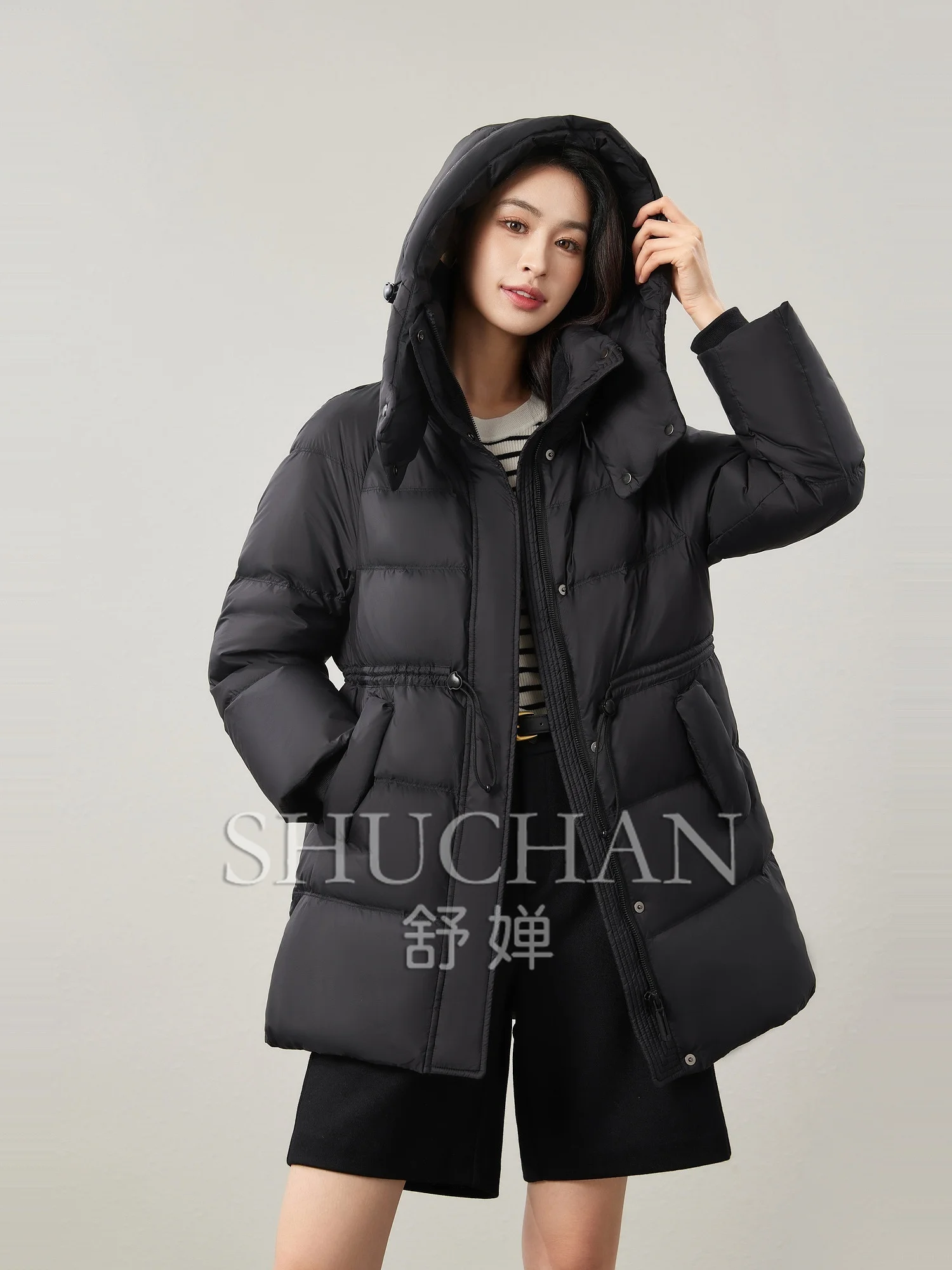 

90% White Duck Down Hooded Waist Drawstring Down Jacket Women Abrigos Mujer Invierno 2024 Coat Women