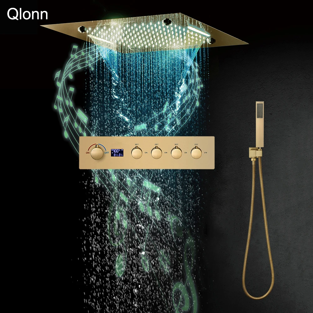

Qlonn Gold 20 lnch Shower Head 4 Functions Shower Set LED Lighting Music Rain Massage Bathroom Hot Cold Water Diverter Faucets