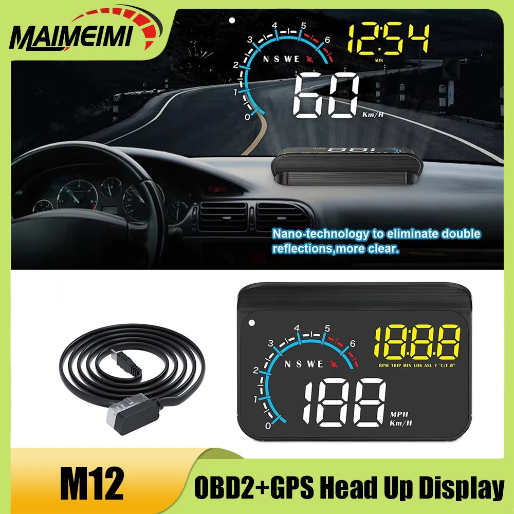 

M12 OBD2+GPS HUD Head Up Display Windshield Projector Car Speedometer With Altitude Compass Fuel Consumption Water Temp Voltage