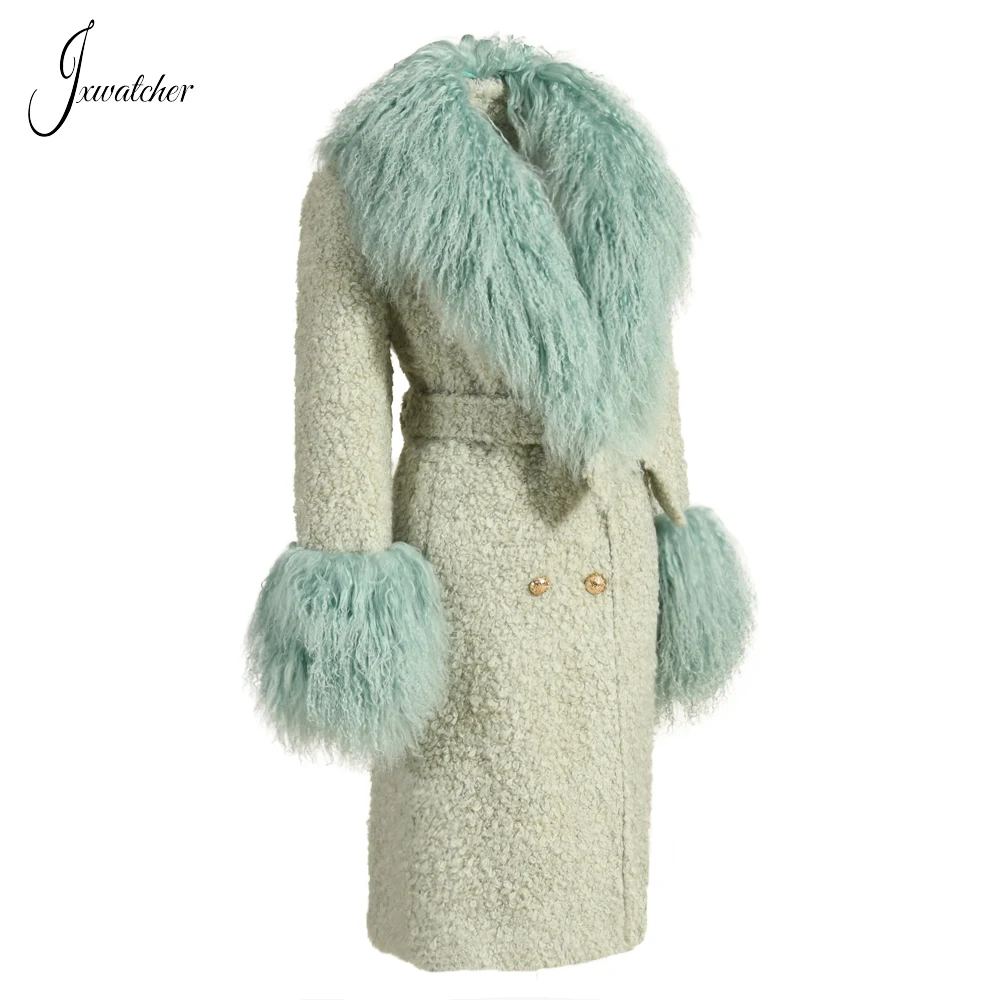 Jxwatcher Wool Coat whit Real Mongolian Fur Autumn Winter Long Style Women's Clothing Ladies Fashion Warm New In Outerwears 2024