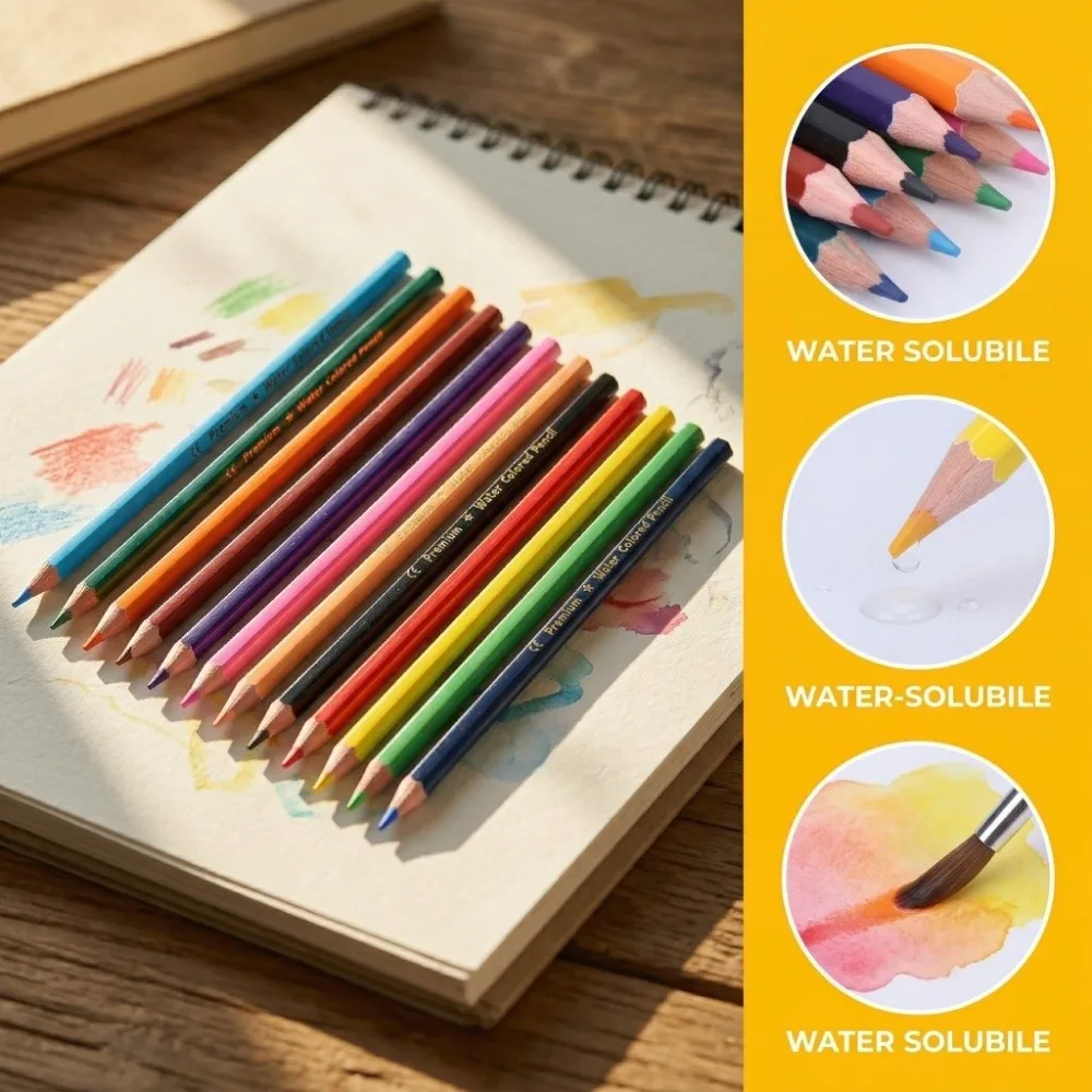 12PCS Water Soluble Water Soluble Pencils Natural Wood Hexagonal Rod Colored Pencils Rich Pigment 6.9in Wooden Drawing Pencils
