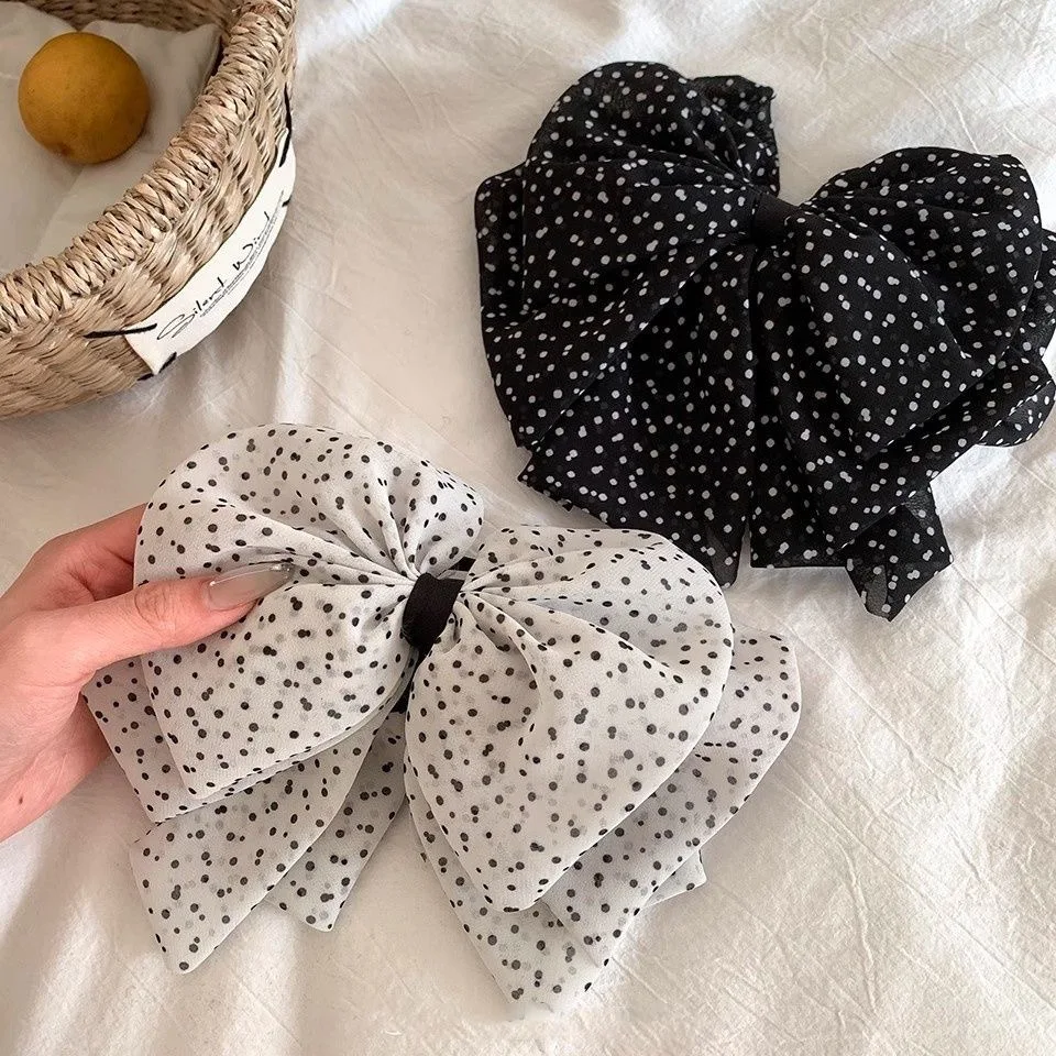 Pinza de Pelo con Lazo Grande de Lunares, Pasadores de Tela de Chifón, Horquilla Vintage Dulce, Accesorios para el Cabello de Moda para Mujer, para Uso Diario y Fiestas