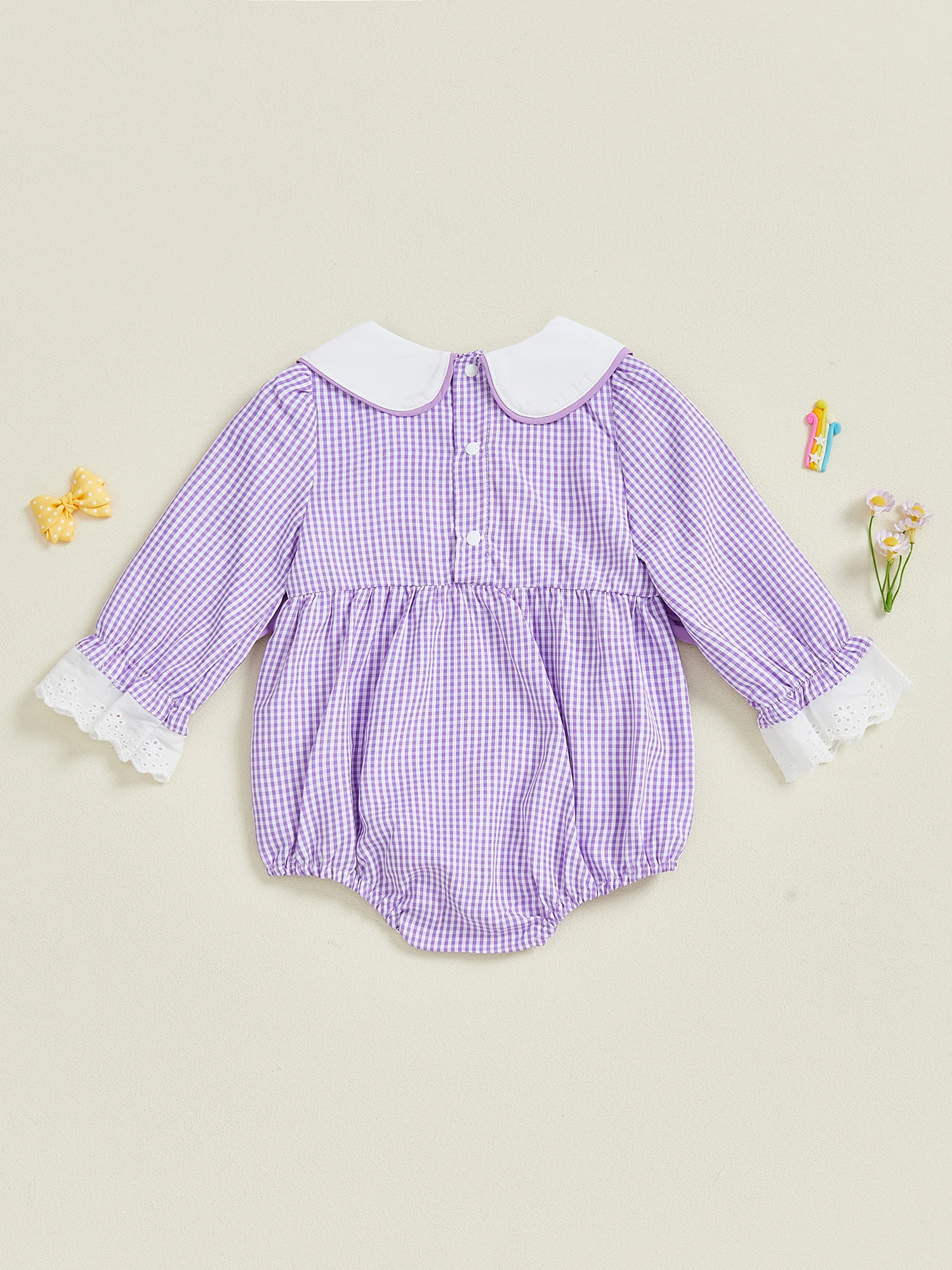 Детский карнавальный комбинезон с большими бантами и вышитыми деталями, воротником Питера Пэна в клетку и длинными рукавами для