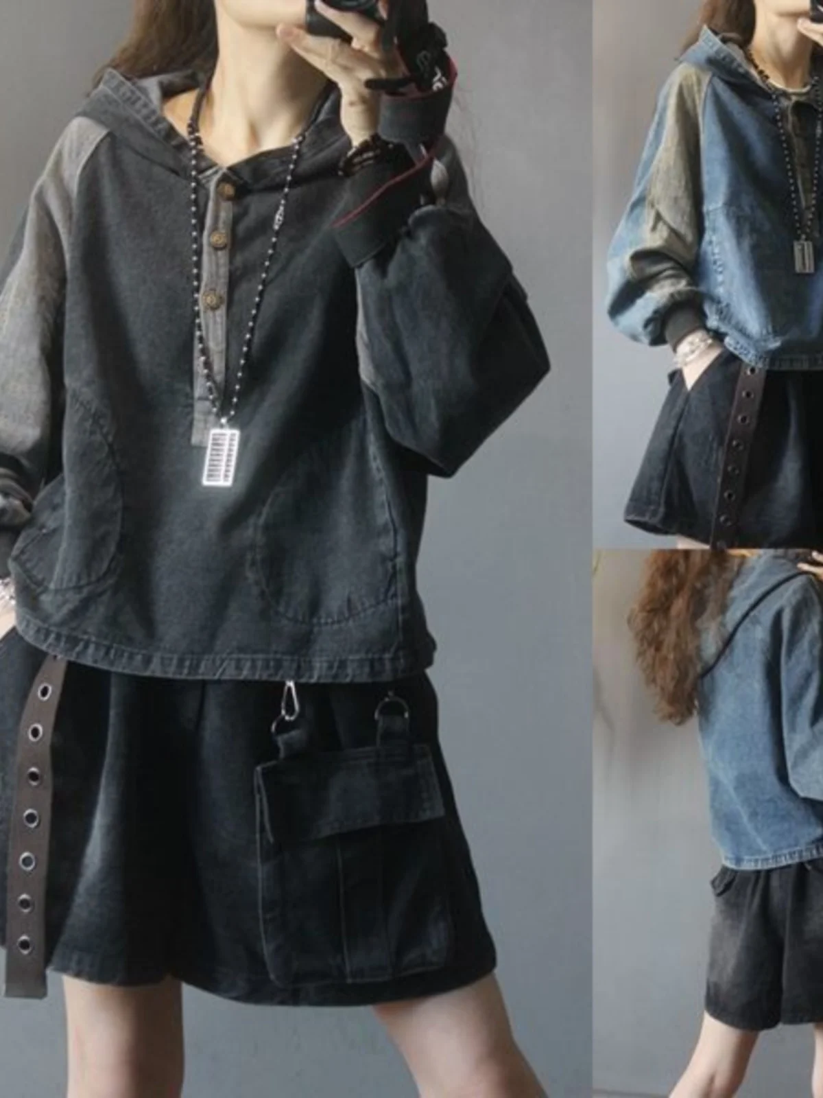 

Plus Size Ladies Casual Sle Spliced Hat Sweatirt Autumn Winter Faion ort Top Women's Jeans Color Blo Long Sve Hoodie