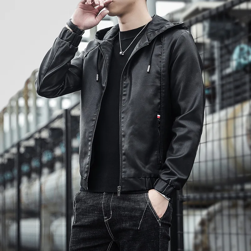 2025 New Arrival Hooded PU Leather Jacket for Men, Autumn/Winter, Light Business Casual, Square Neck  Men Jacket