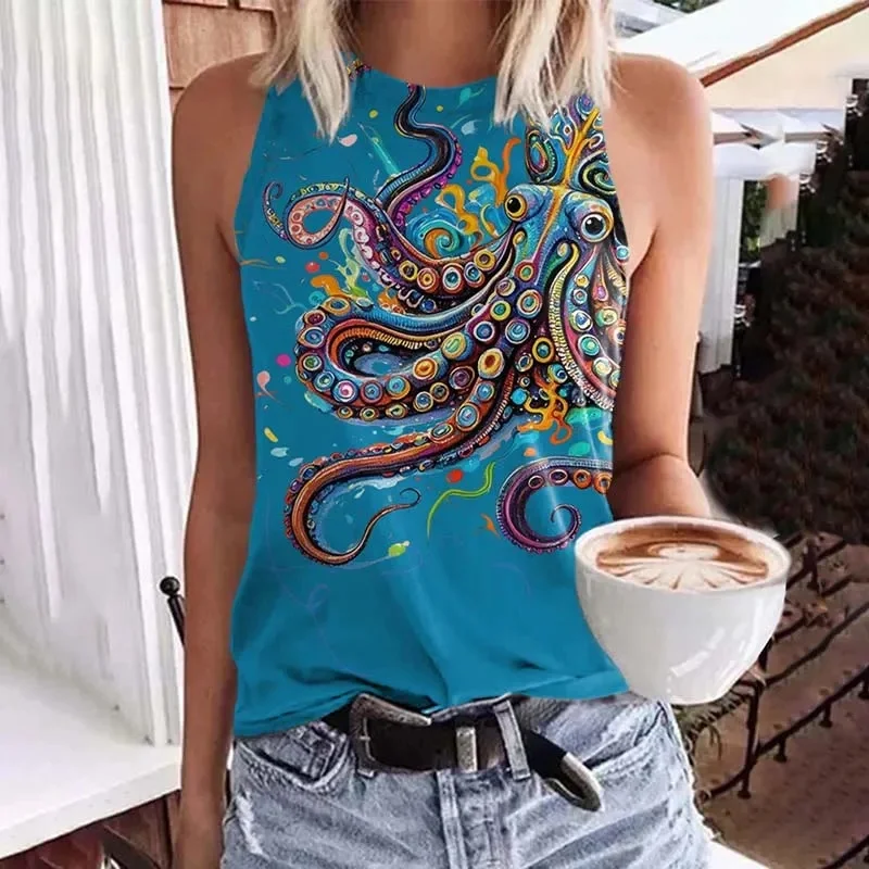 Vintage Rainbow Octopus Art Pattern Print Crew Neck Tank Top Summer Women's Casual Vest