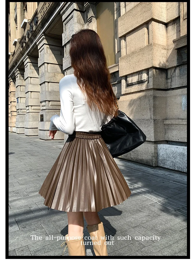 SMTHMA French PU Leather Pleated Skirt For Women 2024 Autumn New Elastic High Waisted A-Line Short Skirt