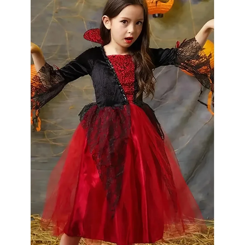 Готическое праздничное платье вампира для девочек — элегантный красно-черный кружевной костюм с воротником-стойкой, тюлевой юбкой и контрастной кружевной отделкой, Хэллоуин