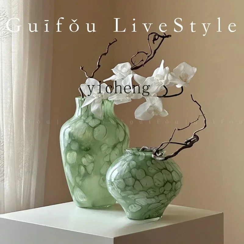 b11-7.1  Lily Green Glazed Glass Vase Living Room Flower Arrangement Niche Ornament