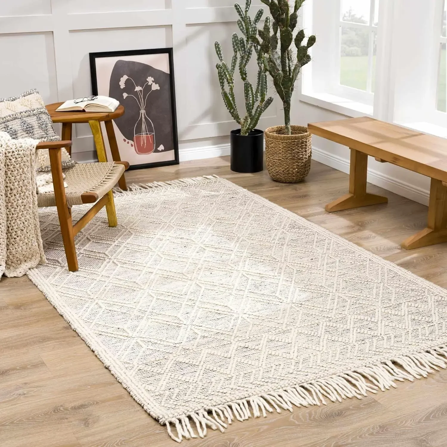 

Moroccan Farmhouse Living Room Bedroom Wool Area Rug with Tassel - High Low, Wool - Moroccan Trellis - Hand Woven, Handmade