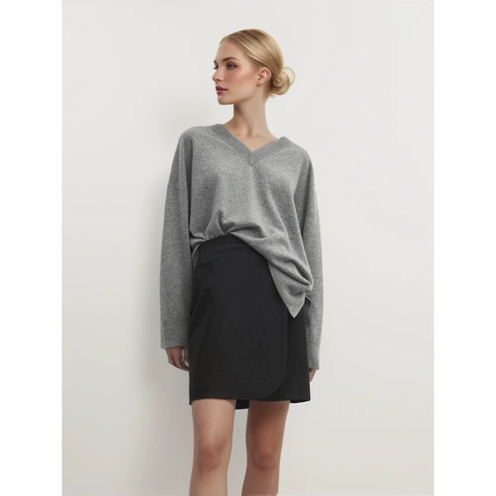 Cos Lris2024 women\'s autumn temperament simple style gray V-neck solid color loose knit sweater 05698550812