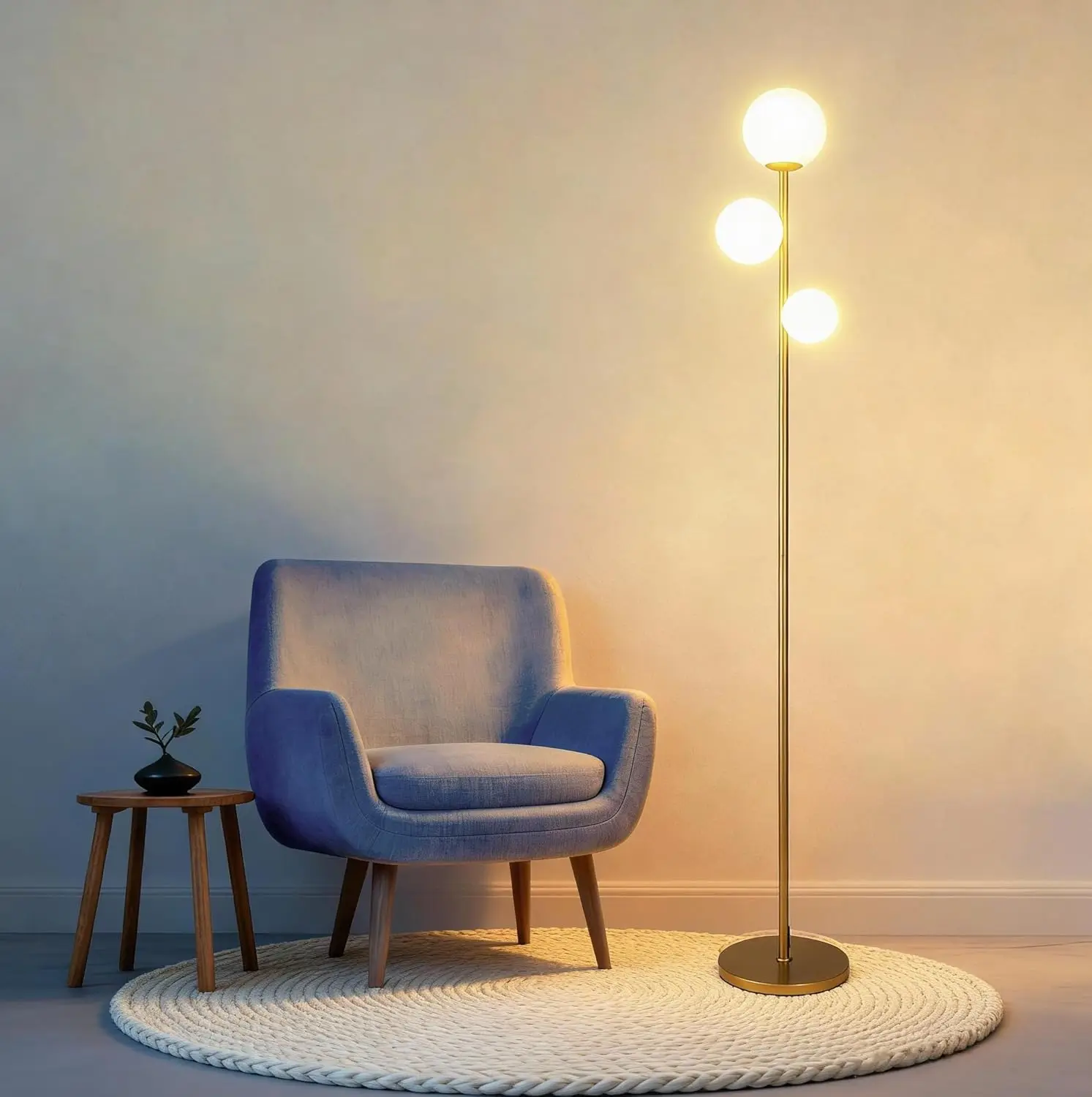 

Vintage Retro Tall Floor Lamp with Frosted Glass Shade, 3 Warm LED Bulbs for Living Room or Bedroom