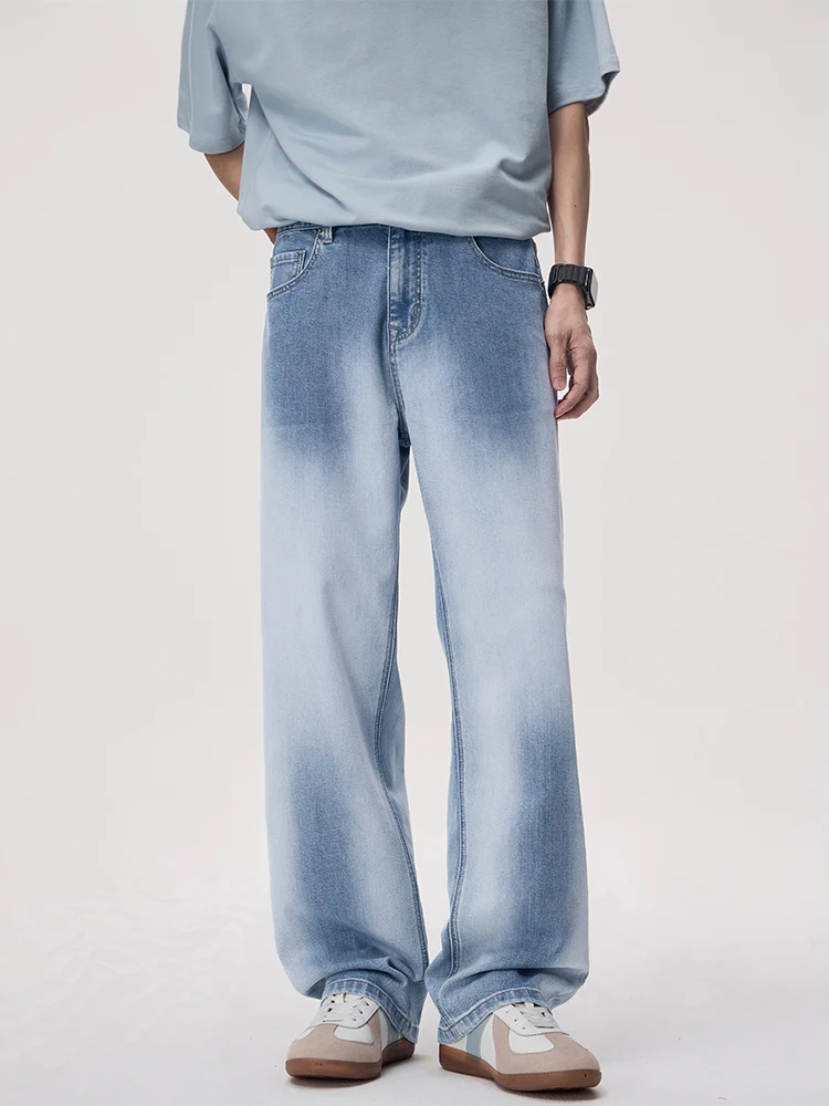 

KSTUN Men's Summer High Street Gradient Washed Light Blue Jeans Loose Straight Leg Stretch Lyocell Breathable Comfort Thin Pants