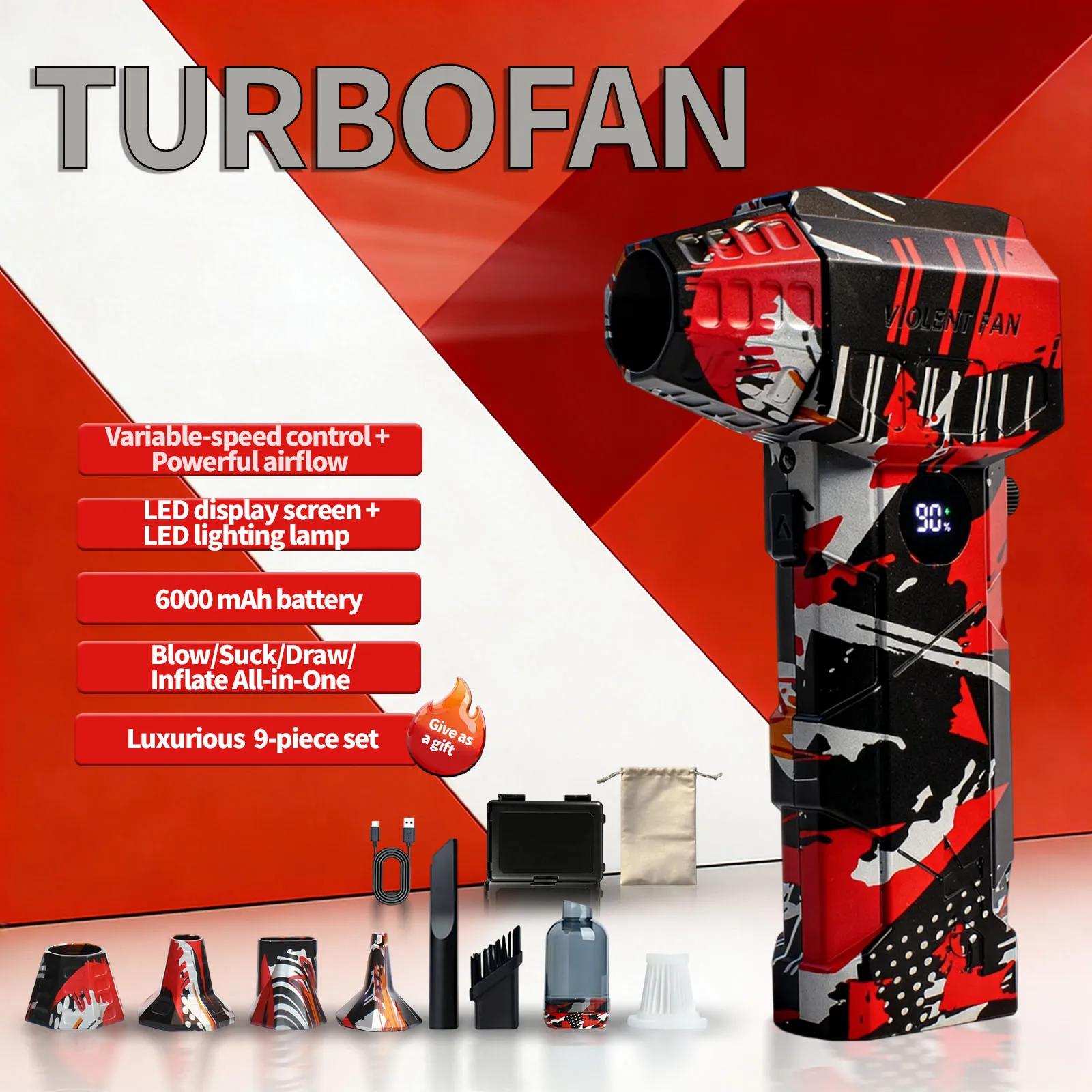 

350000 об/мин, мощный вентилятор, бесщеточный жестокий вентилятор, пылесос, перезаряжаемый, сильный ветер, 53 м/с, турбоструйный вентилятор