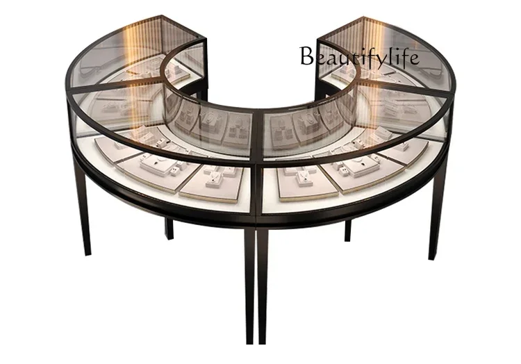 

Curved1 Jewelry Display Cabinet Gold Jewelry Glass Counter Display Cabinet Stainless Steel Round Product Display Cabinet