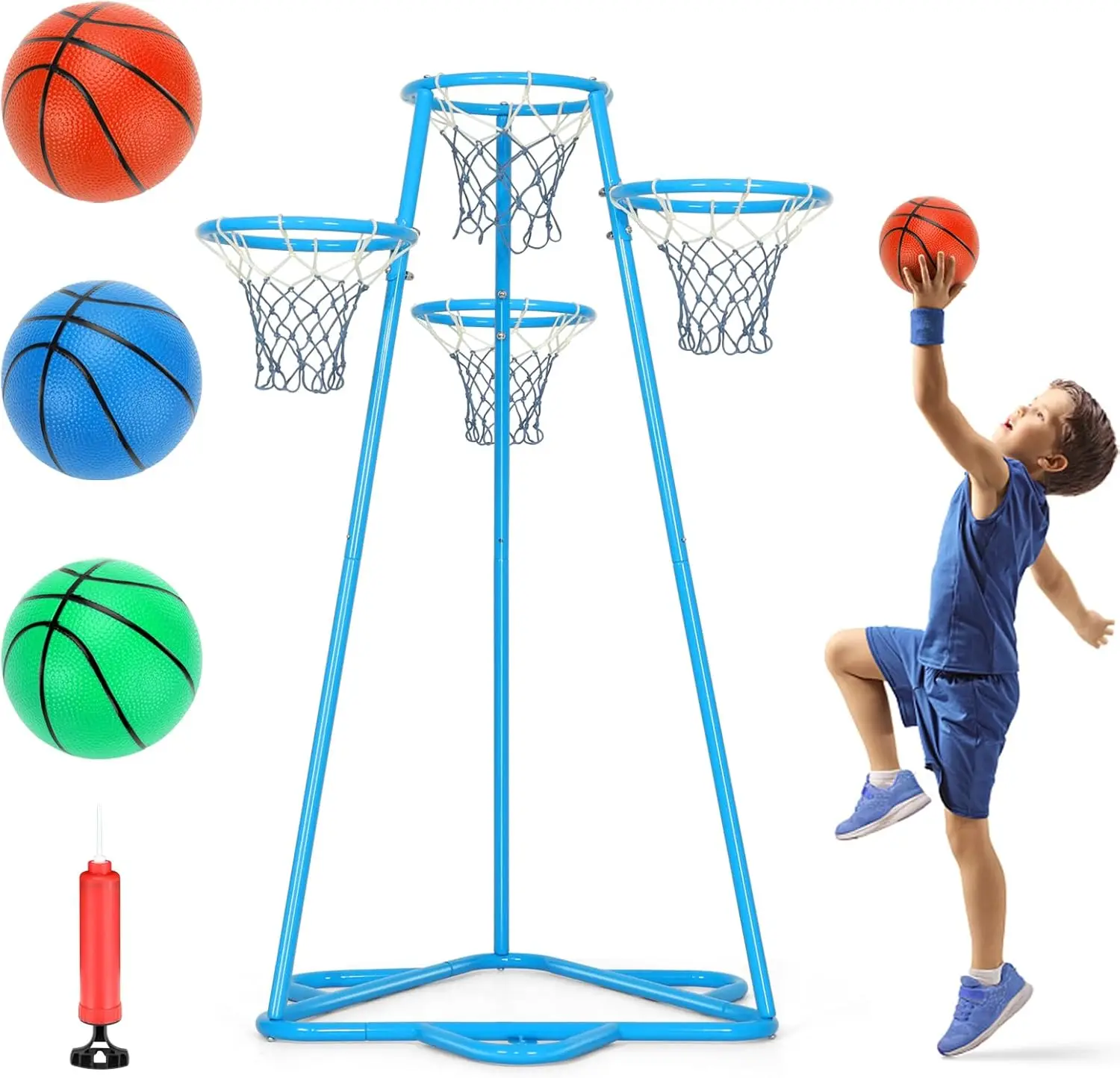 Kids Basketball Hoop Portable Basketball Stand Toys Basketball Indoor Outdoor, Portable Basketball with 4 Hoops at Varying Heigh