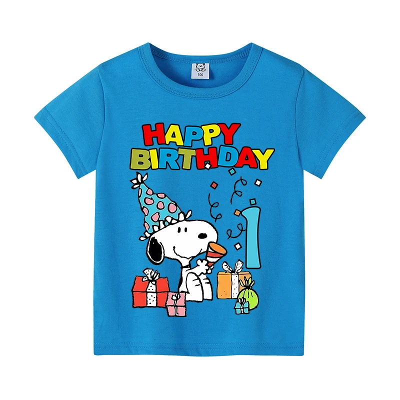 Snoopys Children T Shirt Birthday Party Short Sleeves T-shirt Boy Girl Tops Casual T Shirts Kid Tees Birthday Party Clothes Gift