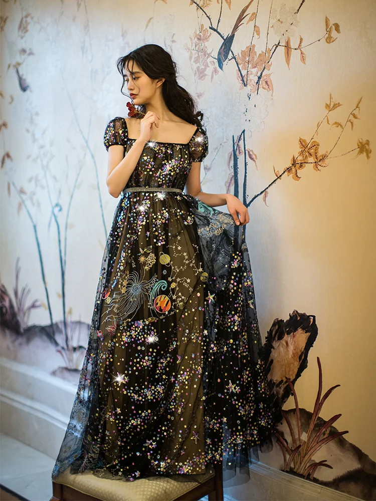 

Original Design Glitter Embroidered Heavy Work Long Dr Evening Gown Maxi Skirt High Waist Princ Sve Polyester Fiber