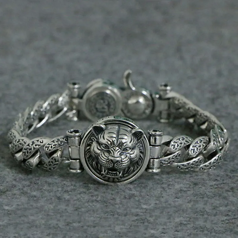 

S925 Sterling Silver Creative Bracelet Dominant New Tiger Head Primitive Year Thai Silver Retro Fashion Men's Personalized Silve