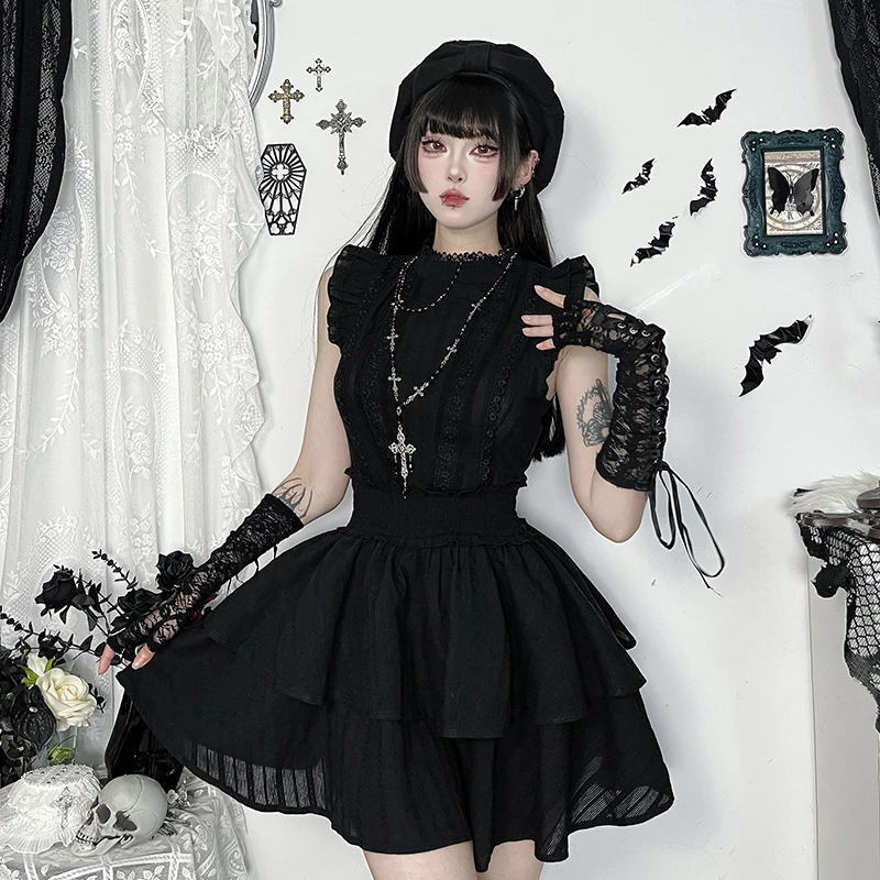 Vintage Elegant Black Lace Trim A-Line Tank Mini Dress Y2K Goth Aesthetic Layered Bodycon Short Dress Women Summer Party Dress