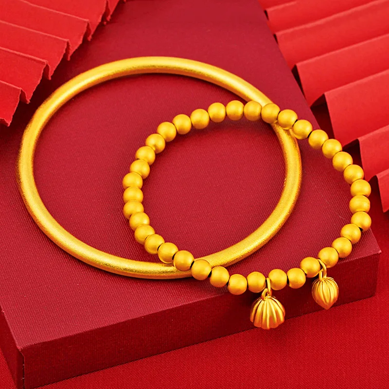 Classic Ancient Gold Solid Color Bracelet 24k Never Fade Gold Plated Reproduction 999 Women's Exquisite Gift Wedding Jewelry