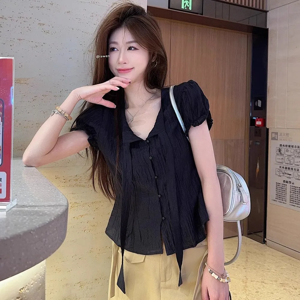Black V-neck Bubble Sleeve Shirt Women's Summer Slimming Doll Top  Knot Belted Waist-cinching Fashionable Blouse