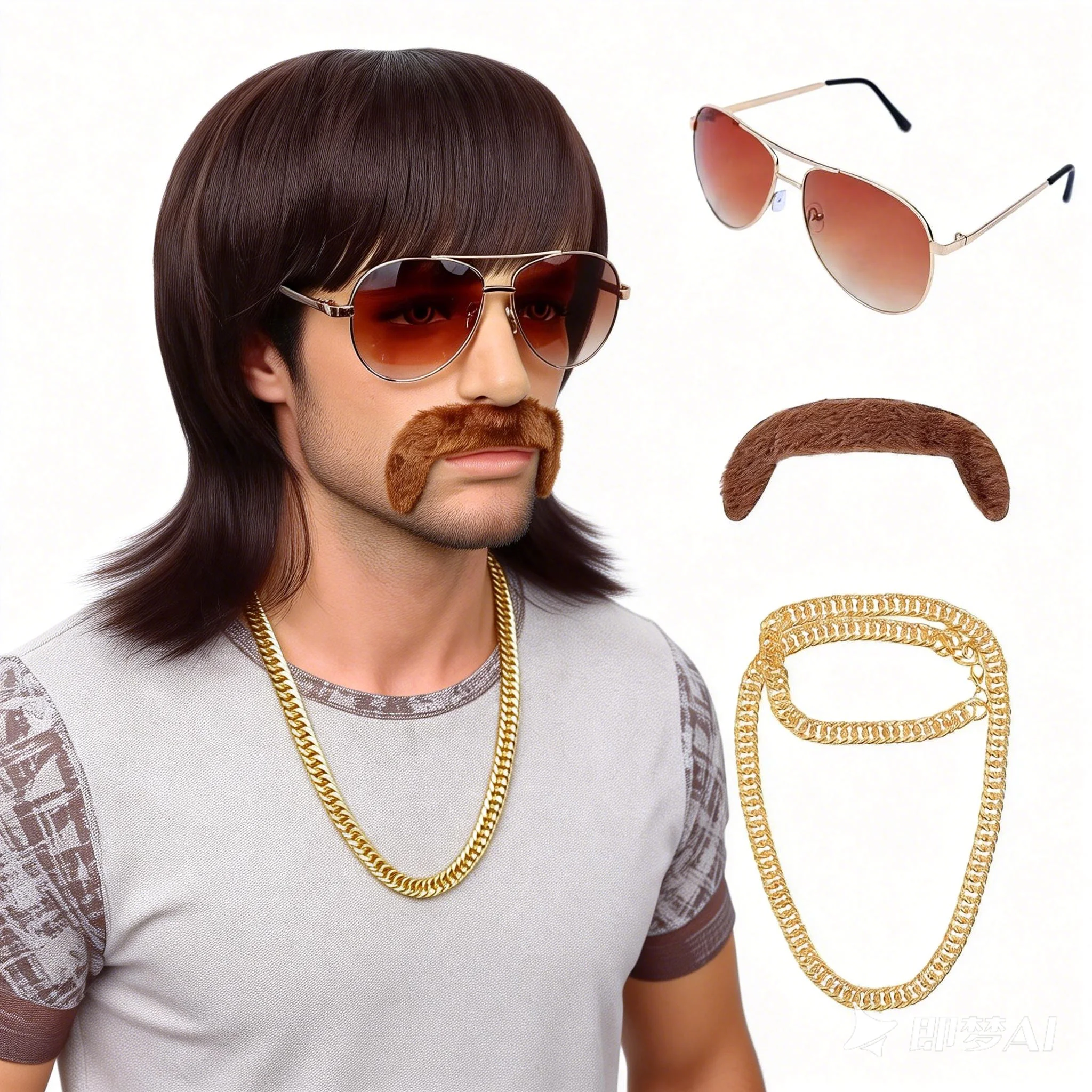 Synthetic Mullet Wig Short 70s Disco Outfit for Men Wig Mustache Glasses and Chain 60s Singer Rocker Hippies Cosplay Halloween
