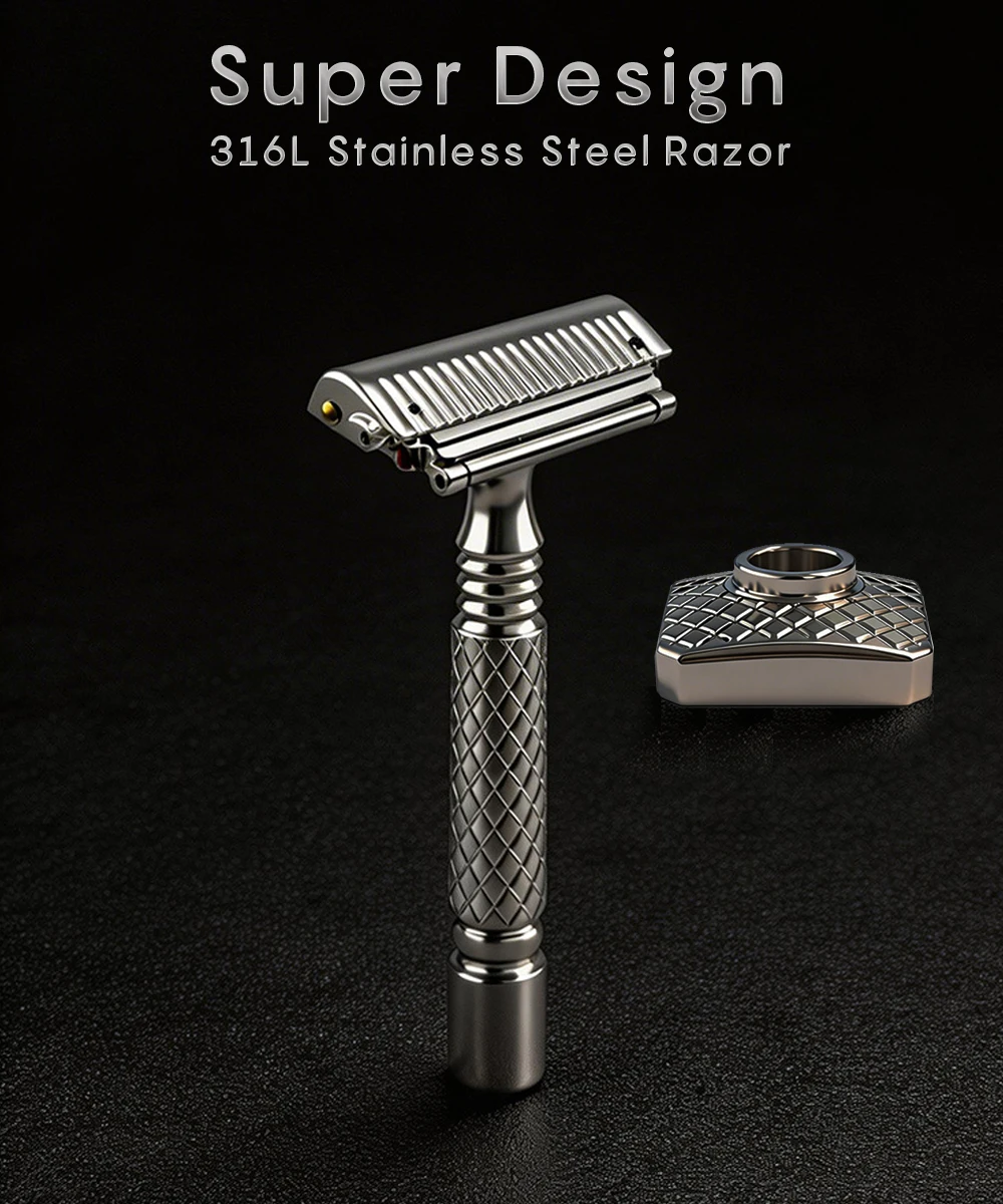 Shavcooo GP700S Pro 4D Premium CNC 316L Edelstahl Rasierer mit Ständer für Herren, Dual Half One Blade Sicherheitsrasierer-Set – Detail 1