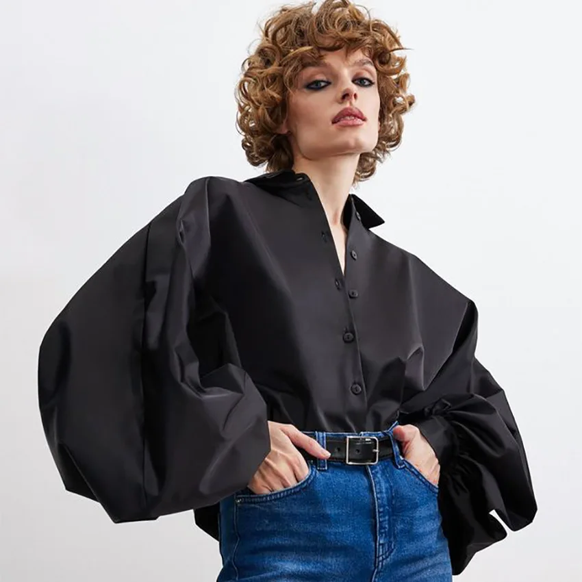 Women Clothing 2024 Summer New Fashionable French Style Satin Shirt Lantern Sleeve Ice Silk Cardigan Casual Solid Color Shirt