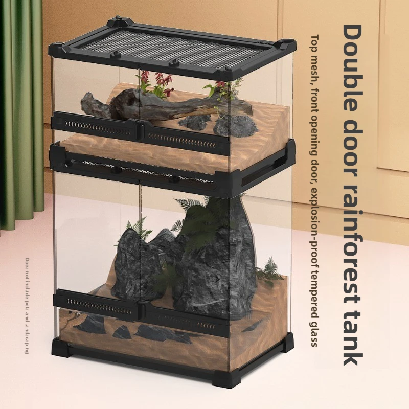 ‌Glass Reptile Terrarium with Panoramic View,Double Door Lizard Enclosure,Stackable Vivarium for Chameleons,Escape-Proof Habitat
