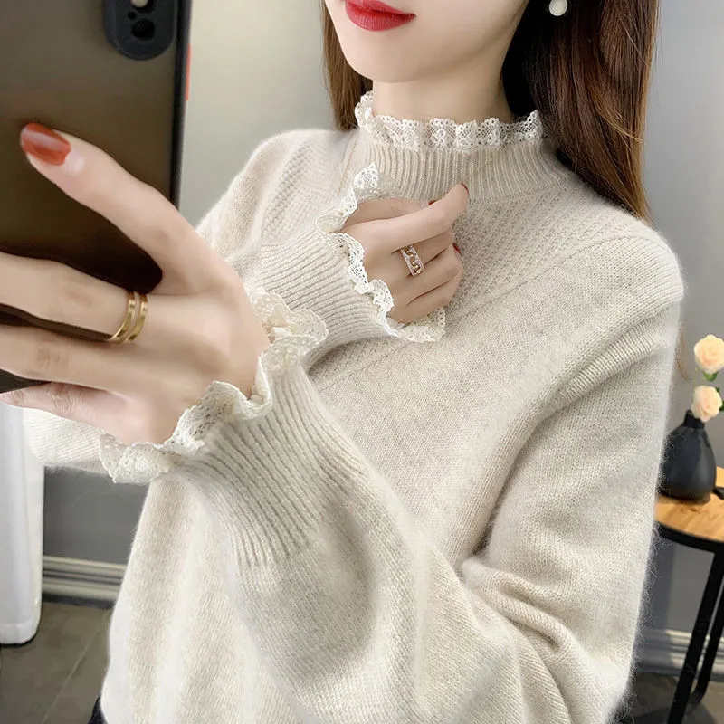 

2024 Woman Sweaters Spring Autumn Large Size Loose Knit Pullover Short Loose Half Turtleneck Jumper Sweaters Femme Knitting Coat