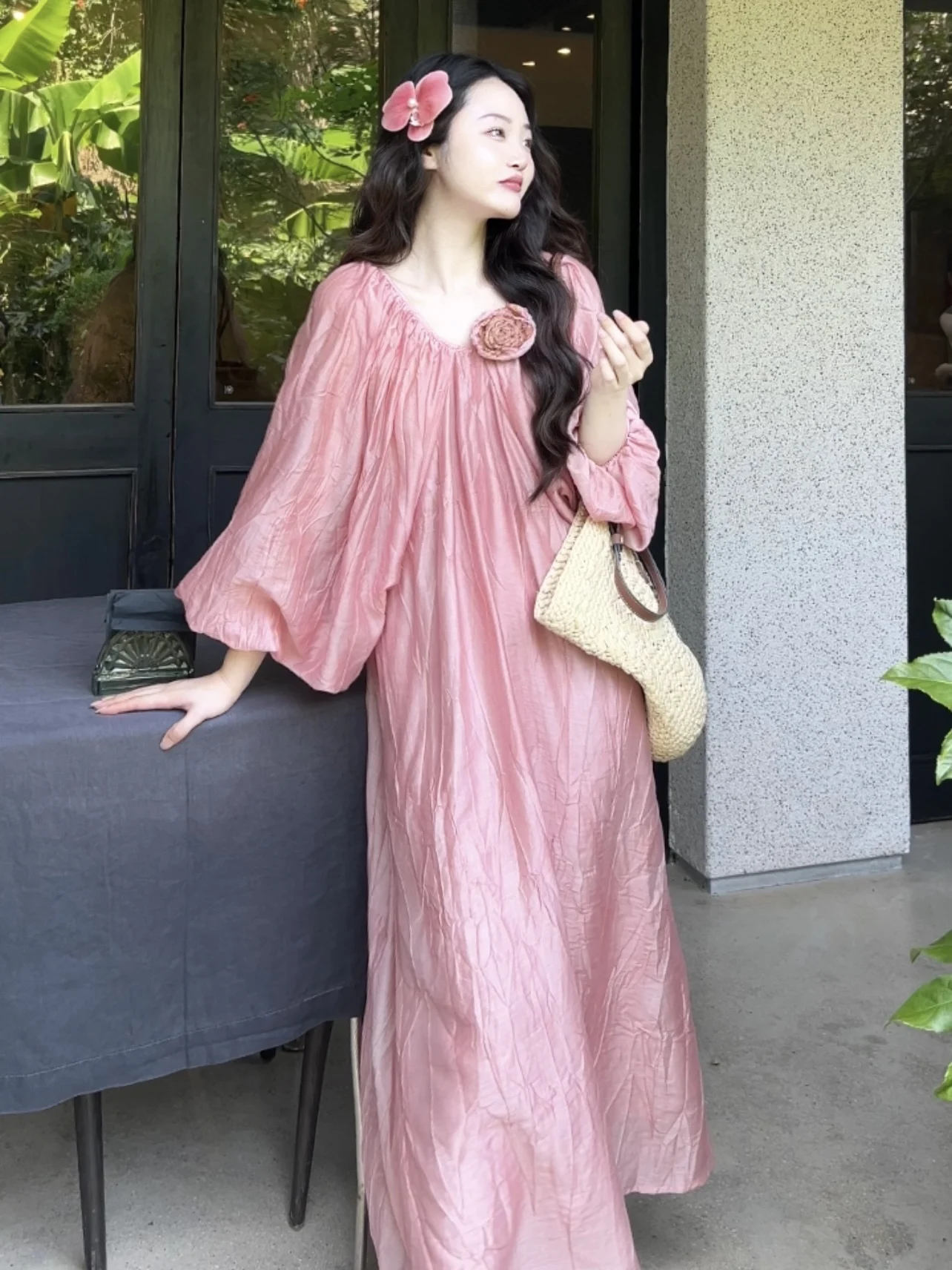 

Loose Fit Long Sve Linen Gauze Dr Casual Sle Fruit Vine Print Skirt for Women Comfortable Breathable V Ne Dr