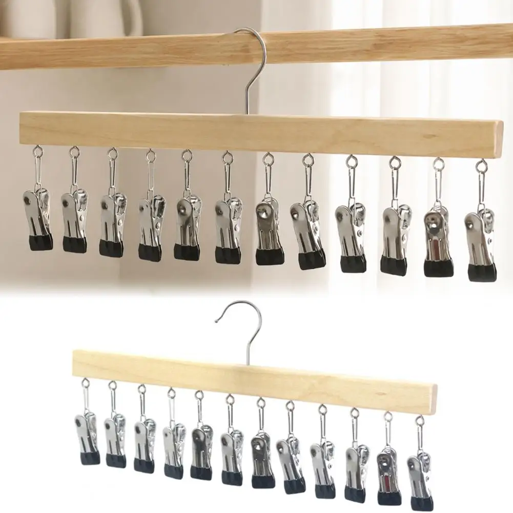 Legging Hangers with 12 Clips, Space Saving Wooden Pants Closet Organizer, 360 Degree Swivel Multi-Clip Trouser Rack for Jeans S